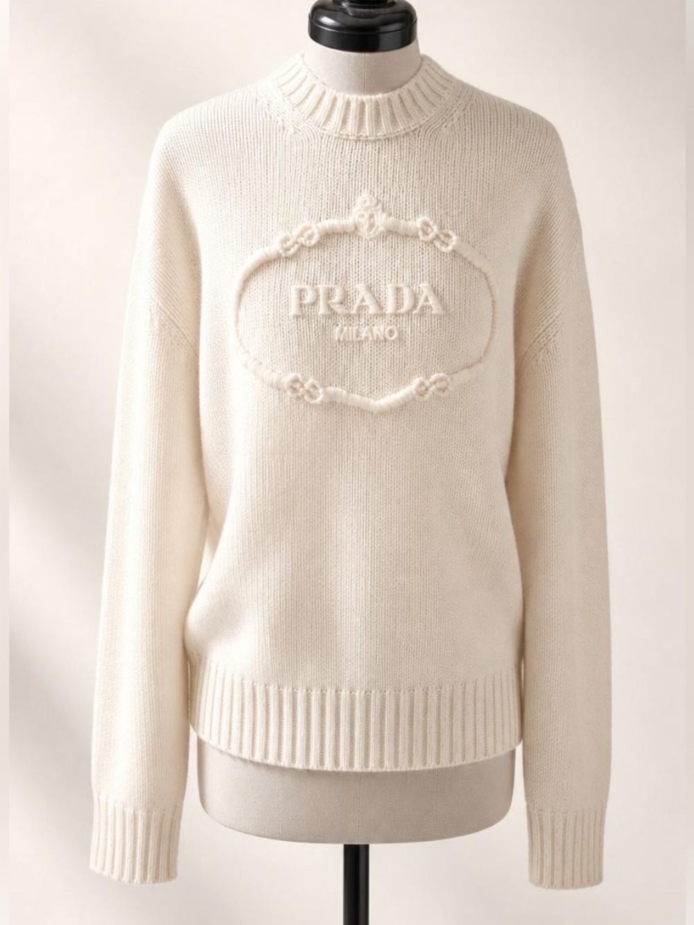 Prada Intarsia Cashmere-Wool Sweater, cream, EUC 46 (MenM, WL)